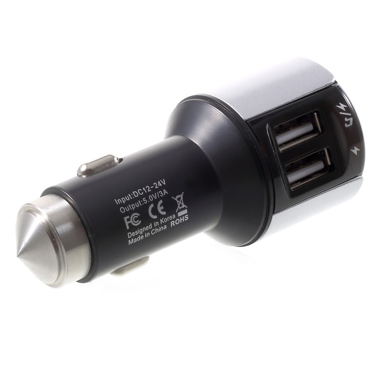 Bluetooth FM Transmitter Dual USB Car Charger with Emergency Hammer - Silver Color-1