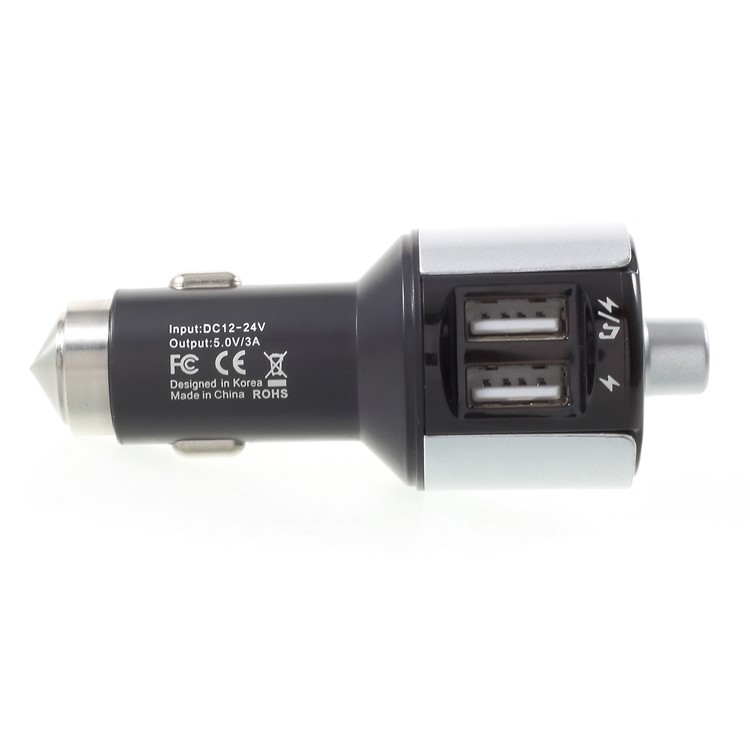 Bluetooth FM Transmitter Dual USB Car Charger with Emergency Hammer - Silver Color-2