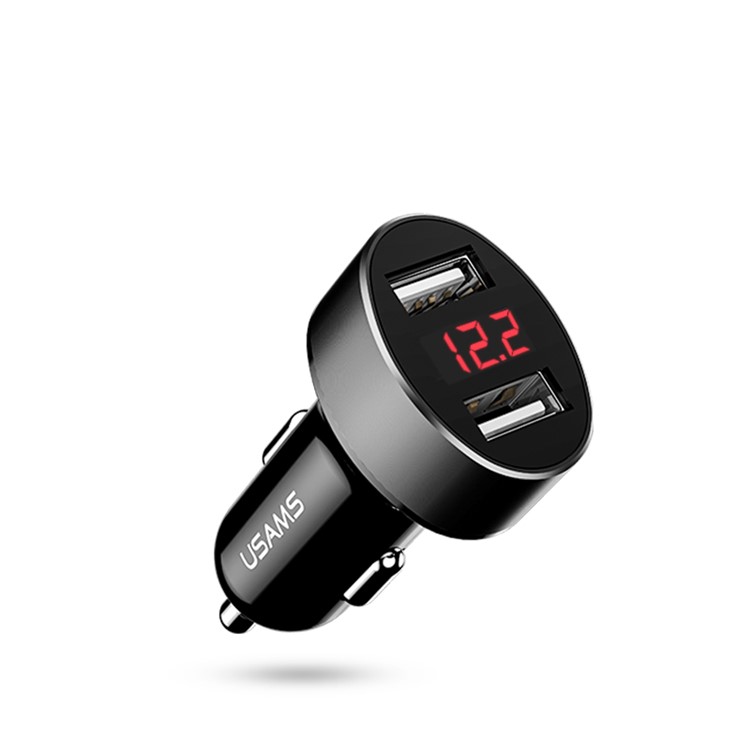USAMS US-CC045 2.1A Dual USB Port Car Charger with LED Digital Display for iPhone Samsung HTC Etc. - Black-1