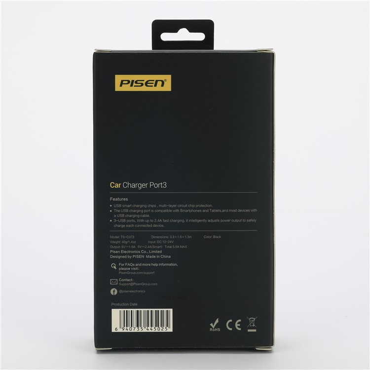 PISEN TS-C073 3 USB Ports 2.4A Car Charger for iPhone iPad Samsung Smartphones Tablets - Black-14