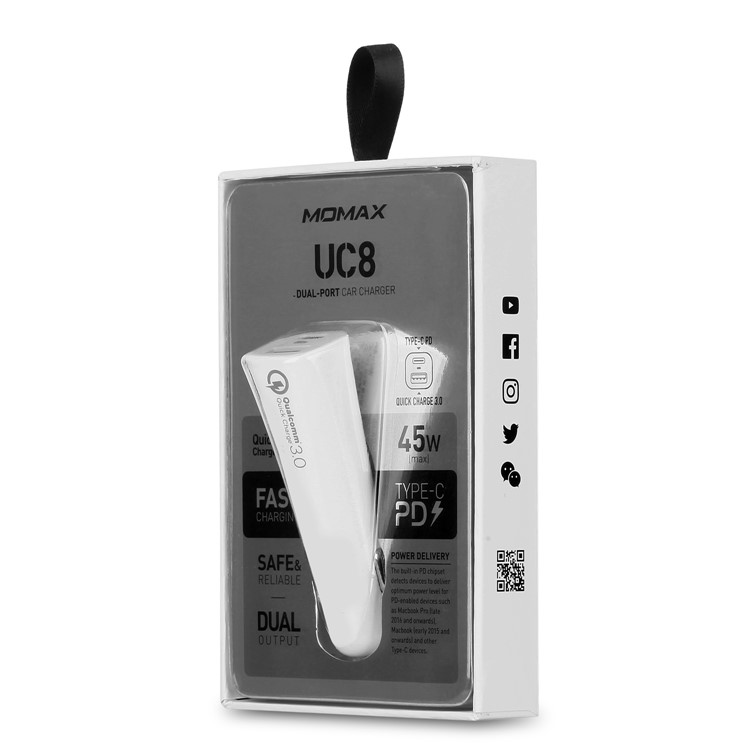 MOMAX PD QC3.0 USB + Type-C Ports Car Charger - White-10