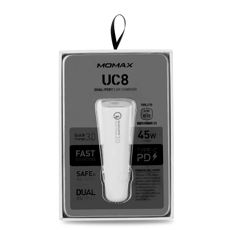 MOMAX PD QC3.0 USB + Type-C Ports Car Charger - White-11