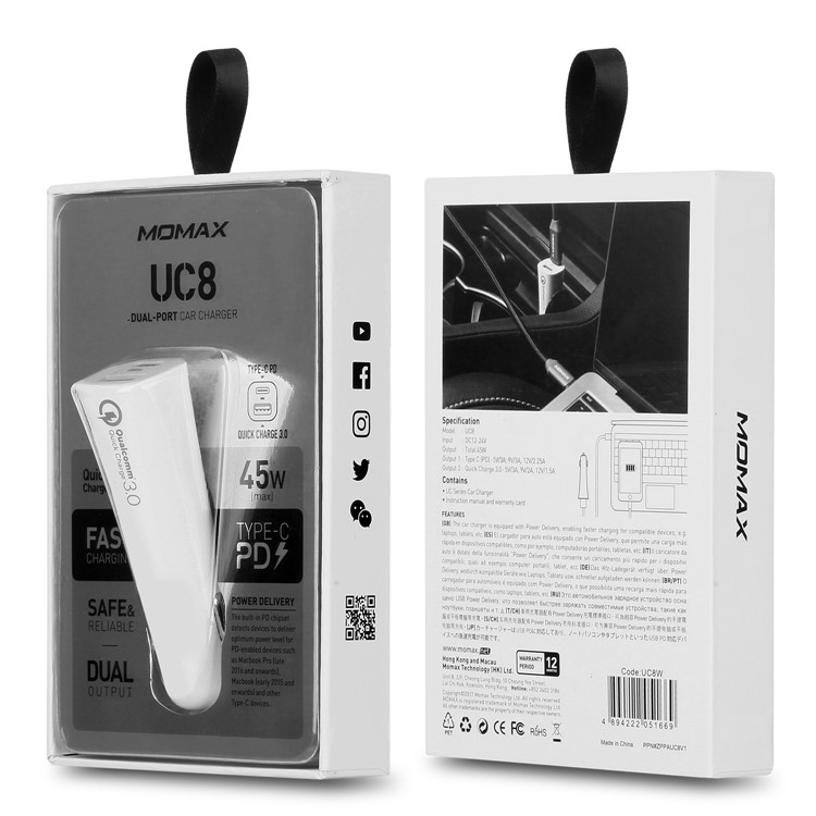 MOMAX PD QC3.0 USB + Type-C Ports Car Charger - White-13
