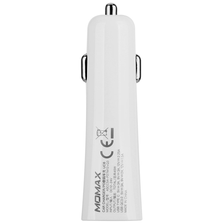 MOMAX PD QC3.0 USB + Type-C Ports Car Charger - White-3