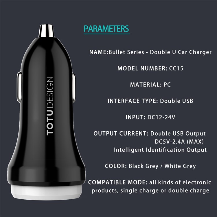 TOTU Bullet Series CC15 QC3.0 Dual USB Fast Car Charger for iPhone Samsung Huawei - Black-2