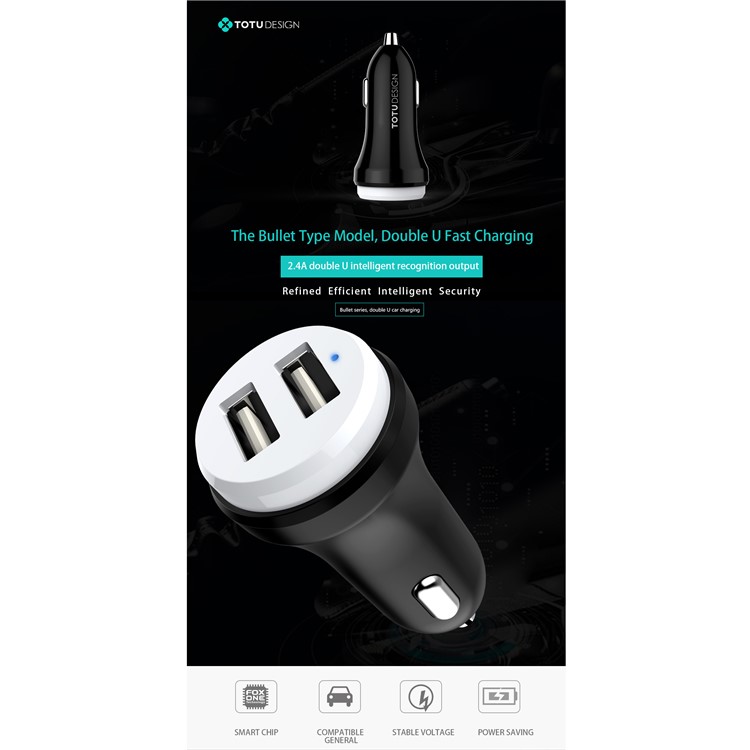 TOTU Bullet Series CC15 QC3.0 Dual USB Fast Car Charger for iPhone Samsung Huawei - Black-3