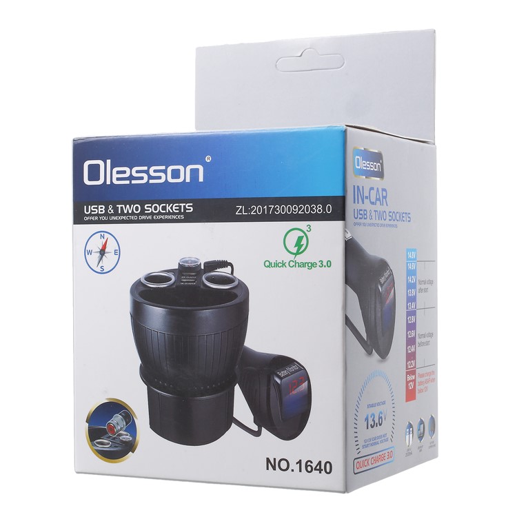 OLESSON No.1640 Voltage Display 1 to 2 Car Cigarette Lighter Socket & Dual USB Car Charger with Compass-12