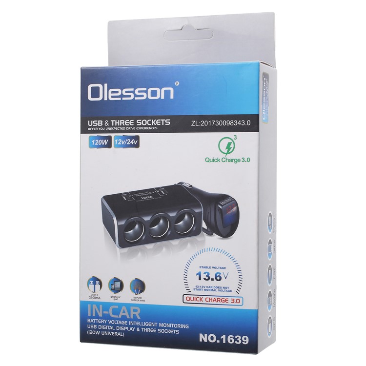 OLESSON No.1639 Universal 120W Dual USB Ports + Three Cigarette Lighter Sockets Car Power Adapter-12