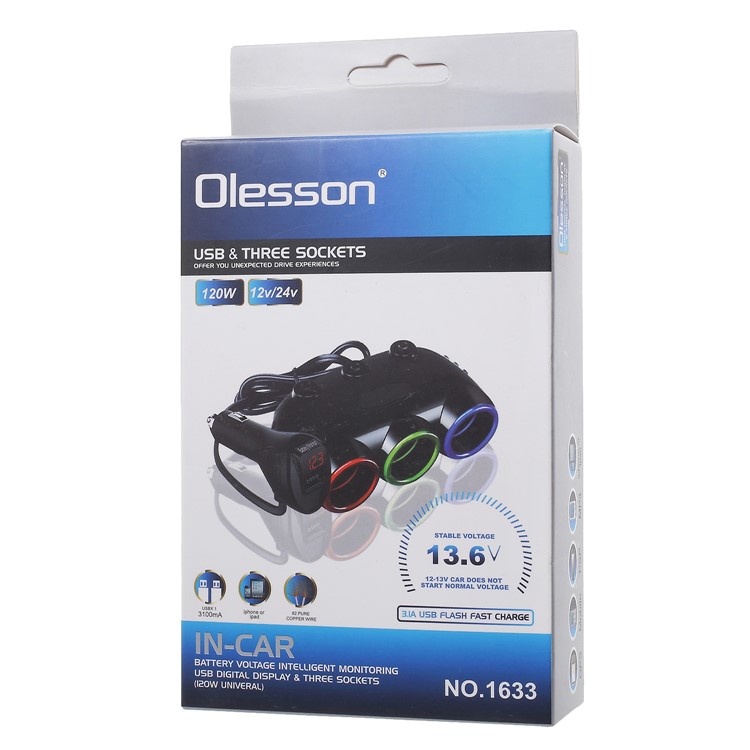 OLESSON 1633 Universal 120W Three Cigarette Lighter Sockets USB Car Charger with Digital Display-10