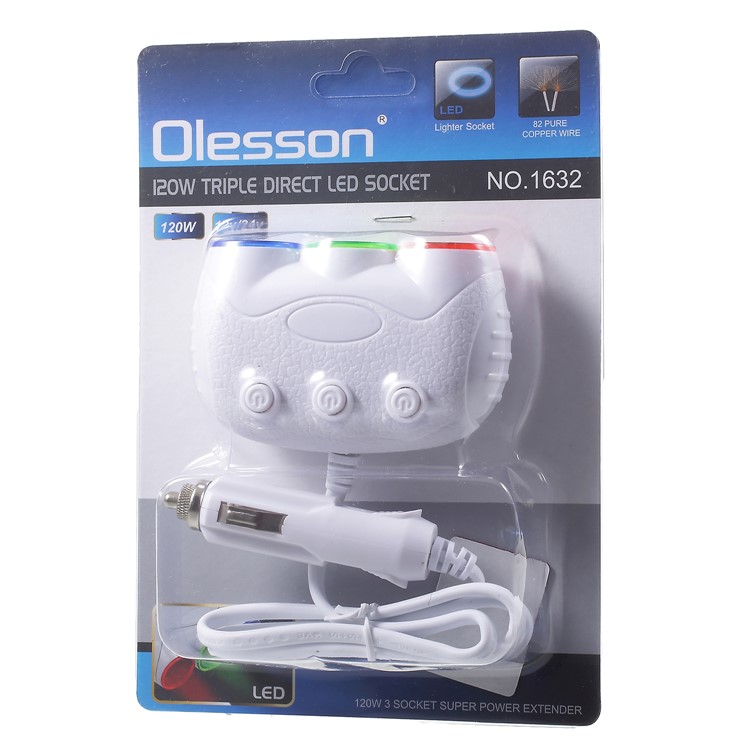 OLESSON 1632 120W 3-Socket Cigarette Car Lighter Power Adapter DC Outlet Sliptter - White-8