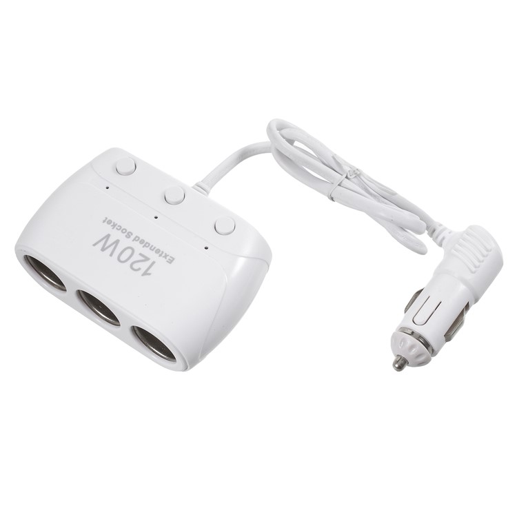 OLESSON No.1519 120W 12V/24V 1 to 3 Sockets Car Cigarette Lighter Splitter Extended Socket with On/Off Button - White-1