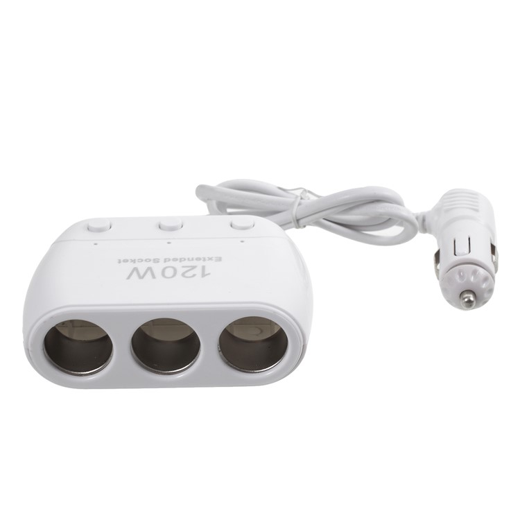 OLESSON No.1519 120W 12V/24V 1 to 3 Sockets Car Cigarette Lighter Splitter Extended Socket with On/Off Button - White-2