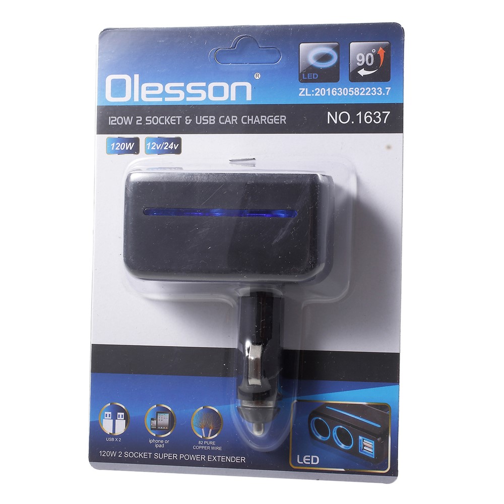 Olesson 1630 90 ° Joints Rotatifs 120W 1 à 2 Prises de Cigarette Plus Cigarette + Chargeur de Voiture USB Double - Noir