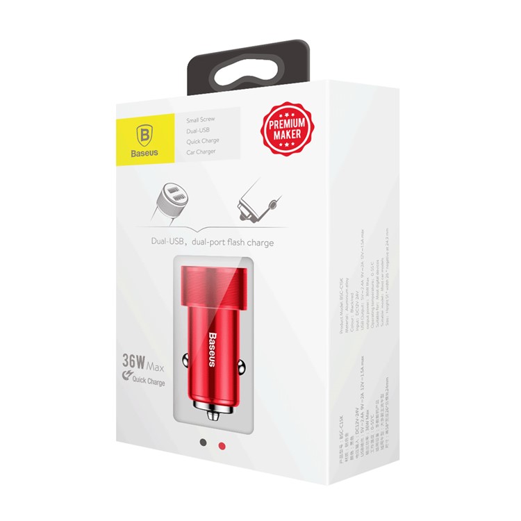 BASEUS 2 USB Ports QC3.0 36W Quick Car Charge Charger for iPhone Samsung - Red-9