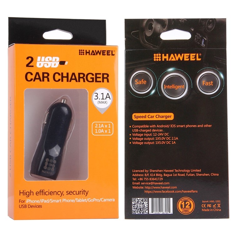 HAWEEL S-HWL-1001W Car Cigarette Lighter Power Socket Dual USB Port Charger Adapter for iPhone Samsung Etc. - Black-5