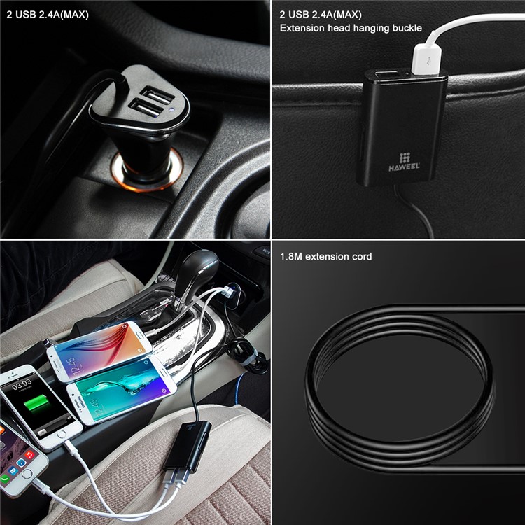 HAWEEL HWL-3001 9.6A 4 Ports USB Passenger Car Charger with Extending USB HUB 1.8m-11