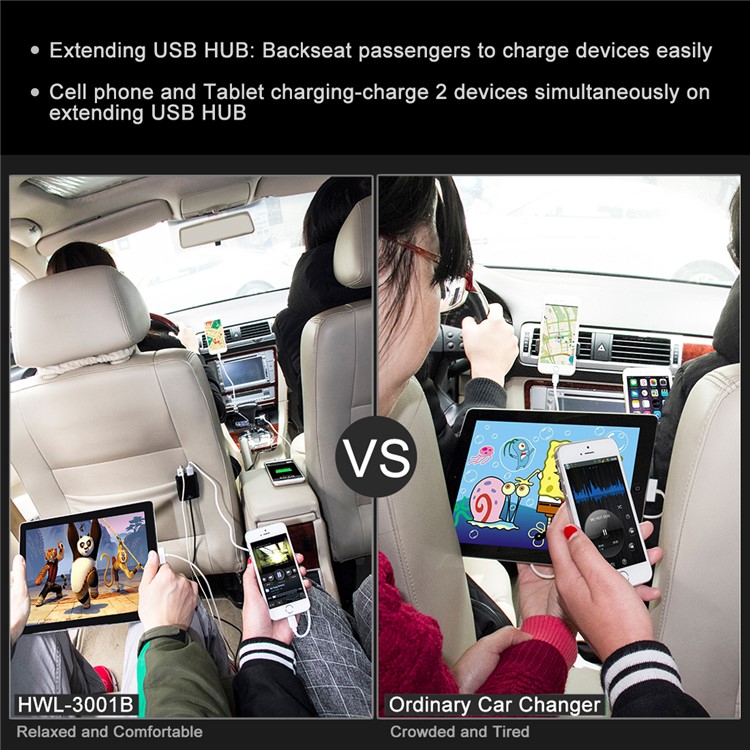 HAWEEL HWL-3001 9.6A 4 Ports USB Passenger Car Charger with Extending USB HUB 1.8m-12