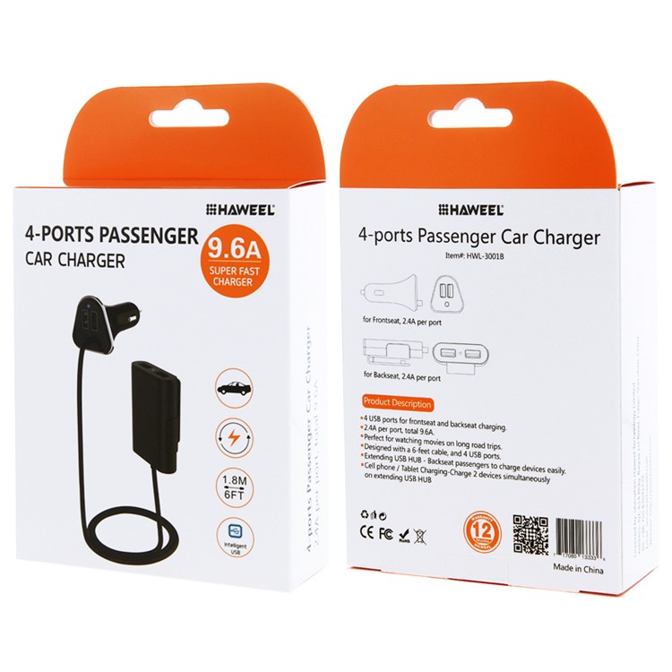 HAWEEL HWL-3001 9.6A 4 Ports USB Passenger Car Charger with Extending USB HUB 1.8m-3