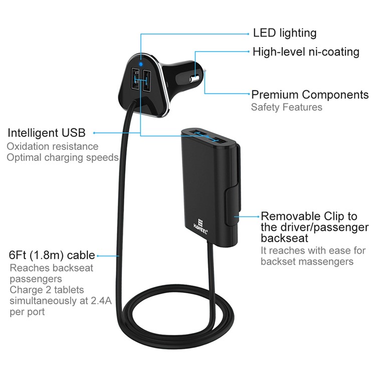 HAWEEL HWL-3001 9.6A 4 Ports USB Passenger Car Charger with Extending USB HUB 1.8m-5