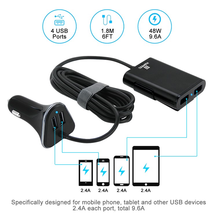 HAWEEL HWL-3001 9.6A 4 Ports USB Passenger Car Charger with Extending USB HUB 1.8m-7