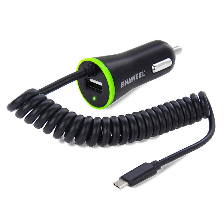HAWEEL HWL-3312 Portable 2.1A Car Charger with USB Type C Spring Cable-1
