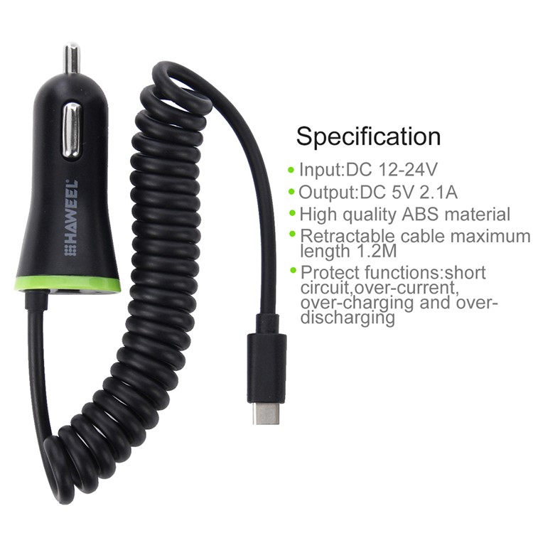 HAWEEL HWL-3312 Portable 2.1A Car Charger with USB Type C Spring Cable-6