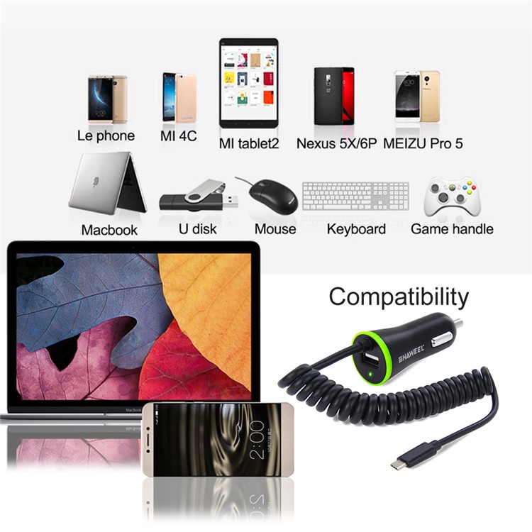 HAWEEL HWL-3312 Portable 2.1A Car Charger with USB Type C Spring Cable-7