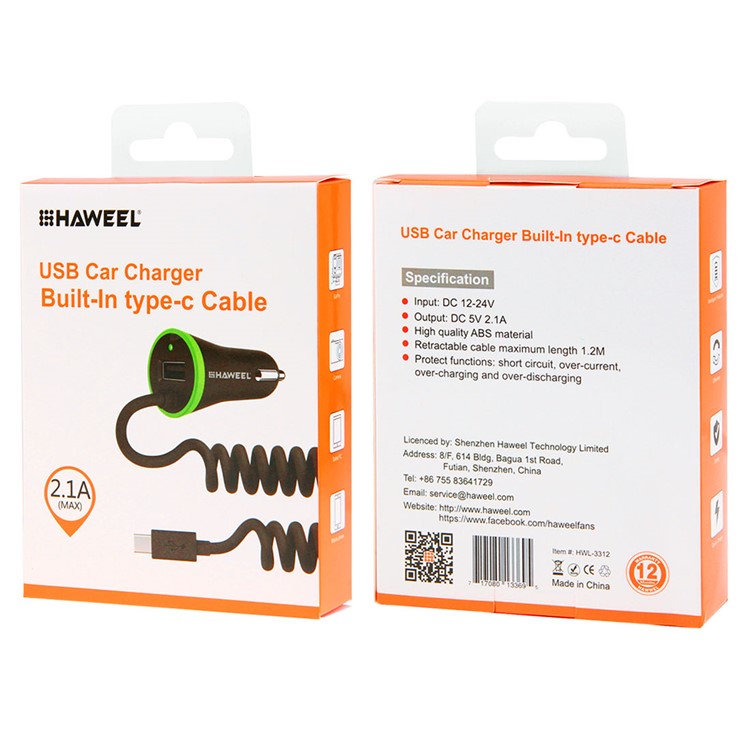 HAWEEL HWL-3312 Portable 2.1A Car Charger with USB Type C Spring Cable-9