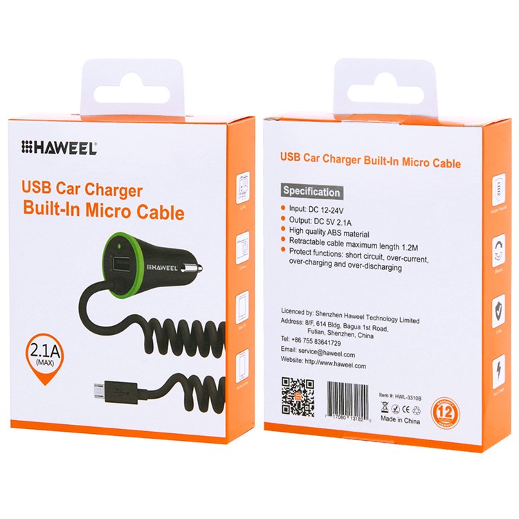 HAWEEL HWL-3310B Mini 2.1A Car Charger with Micro USB Spring Cord-9