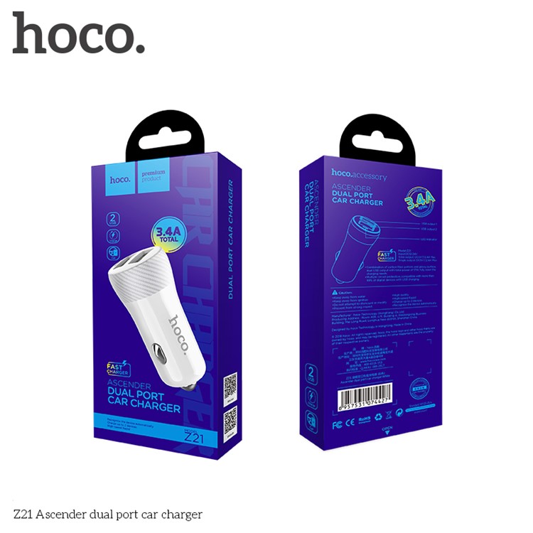 HOCO Z21 Ascender Dual USB Ports 3.4A Car Charger for iPhone iPad Samsung - White-4