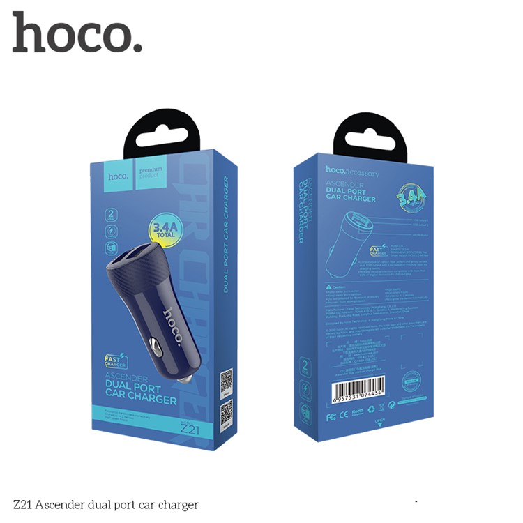 HOCO Z21 Ascender Dual USB Outputs 3.4A Car Charger for iPhone iPad Samsung - Blue-2