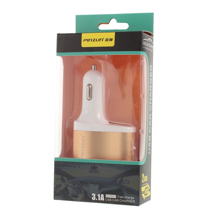 PINZUN CC-009 Fast Charge 3.1A Dual USB Car Charger + Single Cigarette Lighter Socket - Gold-11