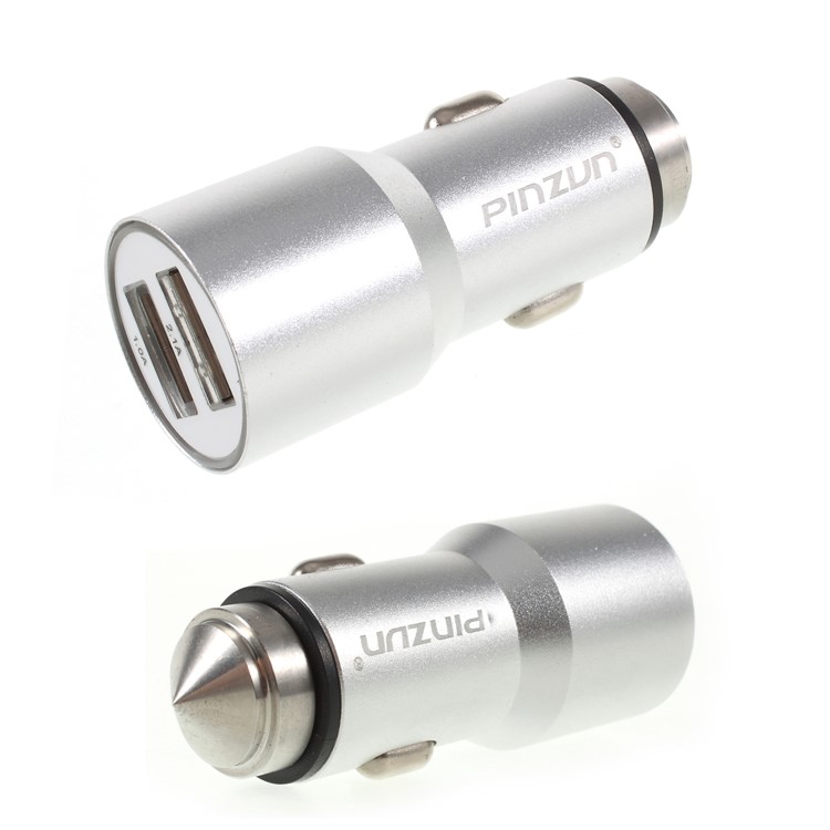 PINZUN CC-011 Dual USB Smart Car Charger with Safety Hammer - Silver-1