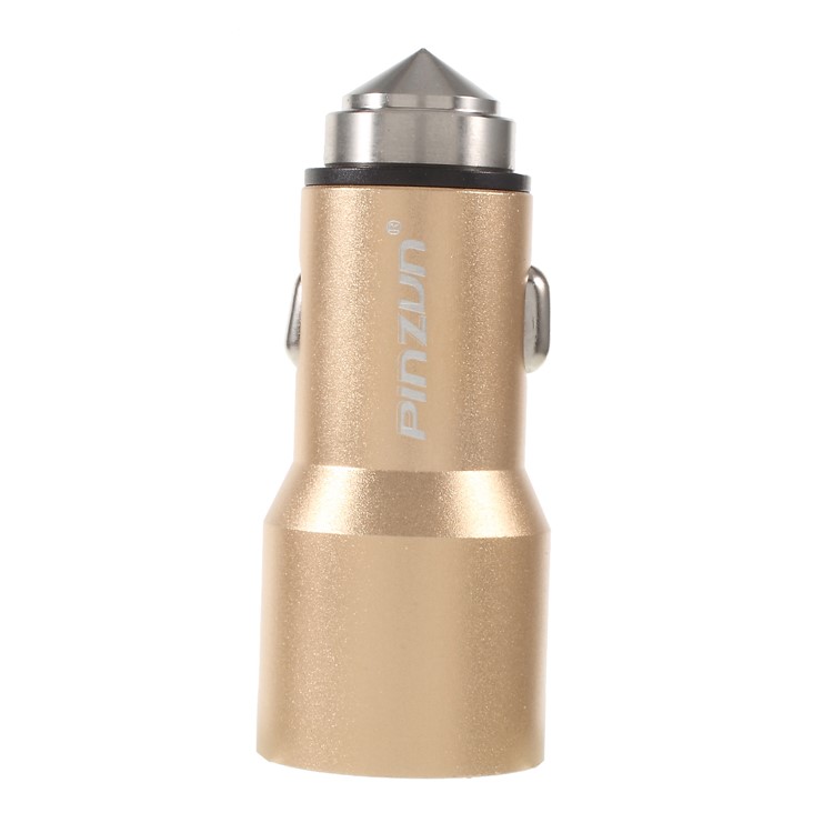 PINZUN CC-011 2.1+1A Double USB Smart Car Charger with Safety Hammer - Gold-2