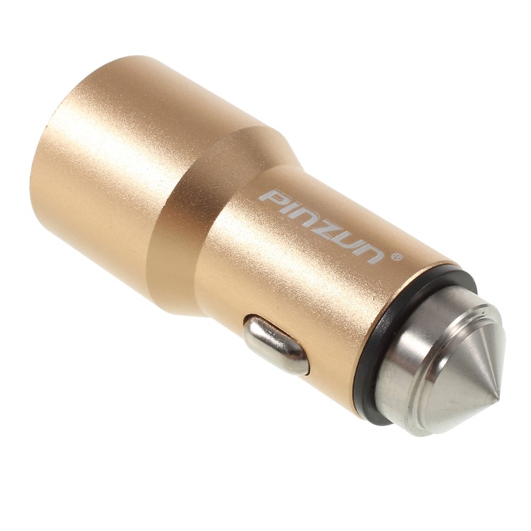 PINZUN CC-011 2.1+1A Double USB Smart Car Charger with Safety Hammer - Gold-3