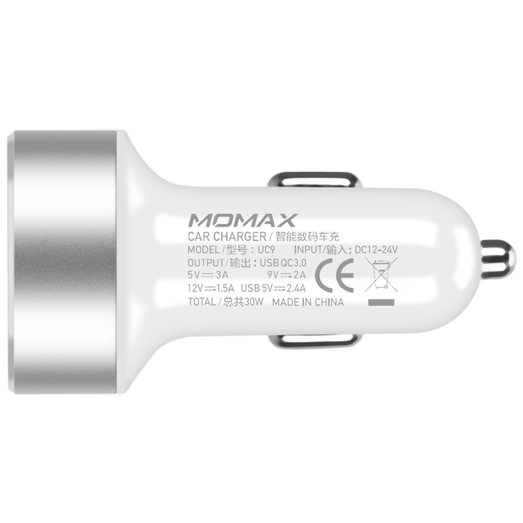MOMAX UC9 30W Quick Charge QC3.0 Car Charger with 2 USB Output Ports for iPhone Samsung Huawei - White-3