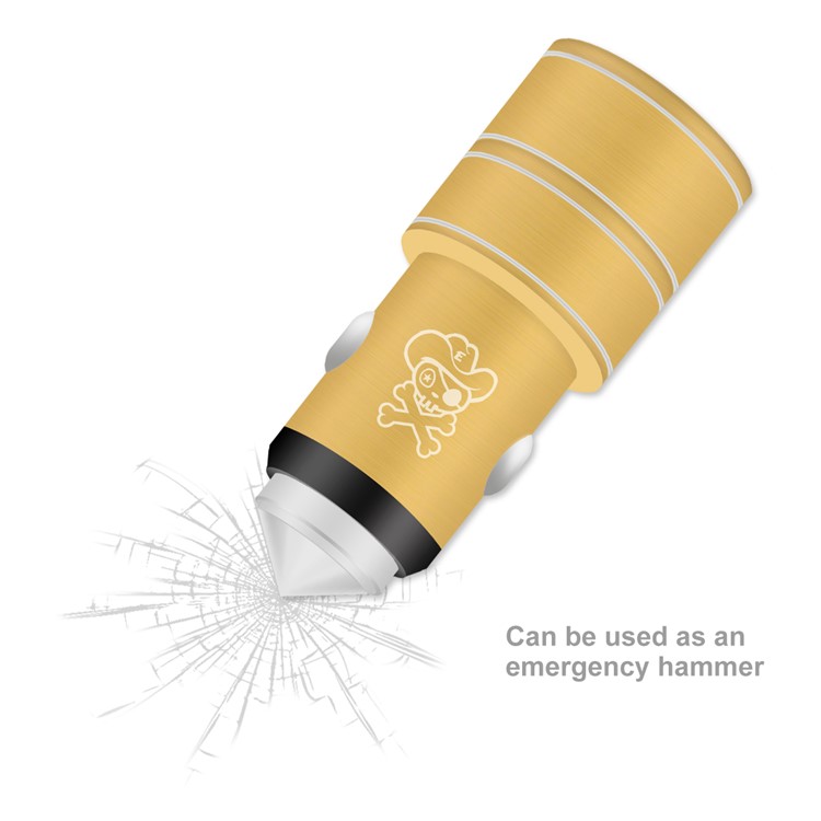 HAT PRINCE E10 Dual Ports 5V 2.1A / 1A USB Metal Car Charger + Emergency Survival Hammer - Gold-5