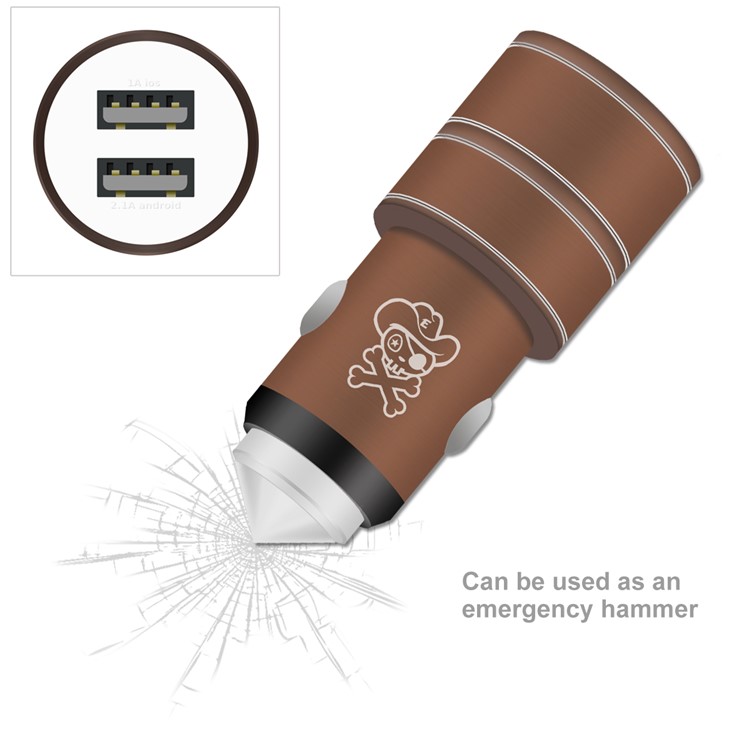 HAT PRINCE E10 2 Ports 12-24V USB Metal Car Charger + Safety Hammer - Brown-1