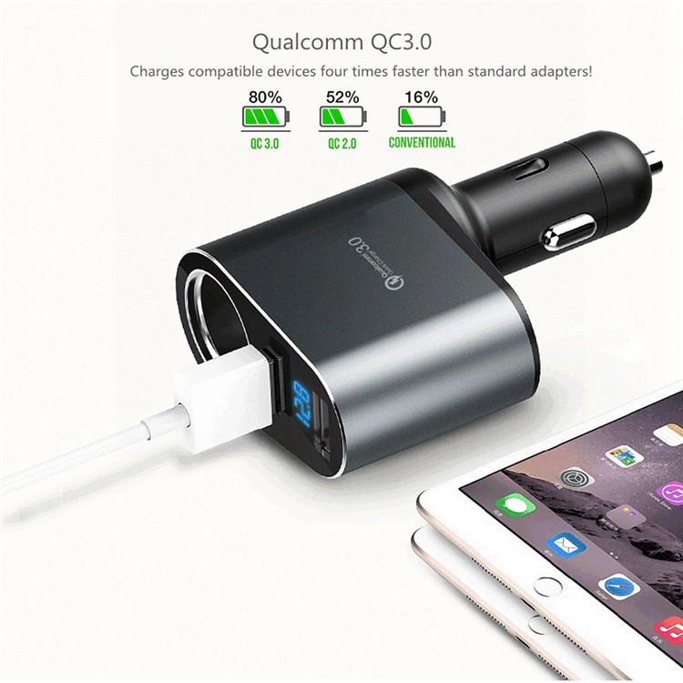 QC3.0 Dual USB 30W Accendisigari Auto Presa Splitter Caricabatterie Per Auto Con Display Digitale A LED - Grigio-2