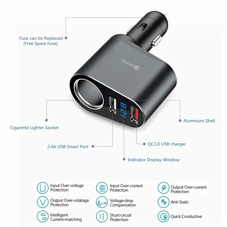 QC3.0 Dual USB 30W Accendisigari Auto Presa Splitter Caricabatterie Per Auto Con Display Digitale A LED - Grigio-7