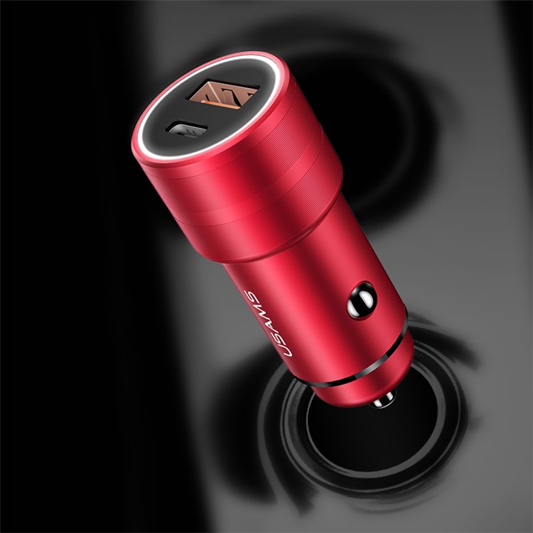 

USAMS US-CC059 C10 PD Type-C + USB A Car Quick Charge Car Adapter with LED Light for iPhone iPad Samsung HTC LG Sony - Red