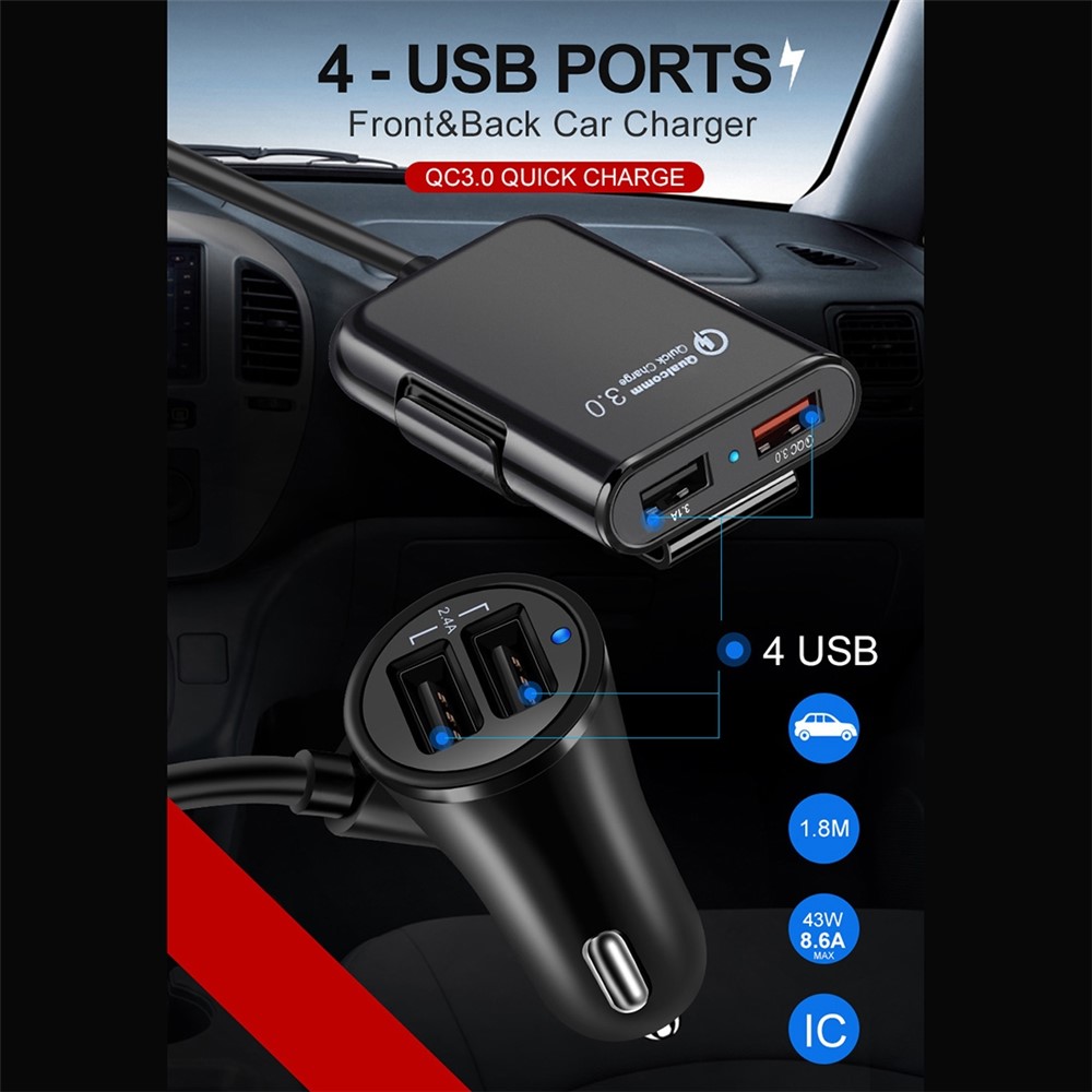HMQ-C801 Quick Charge QC3.0 4-Port USB Front and Rear Car Charger Extending USB HUB with 1.8m Cable-7