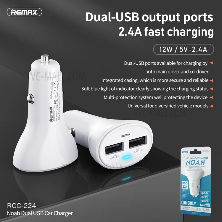 REMAX RCC-224 Noah 2.4A 12W Dual USB Car Charger-3