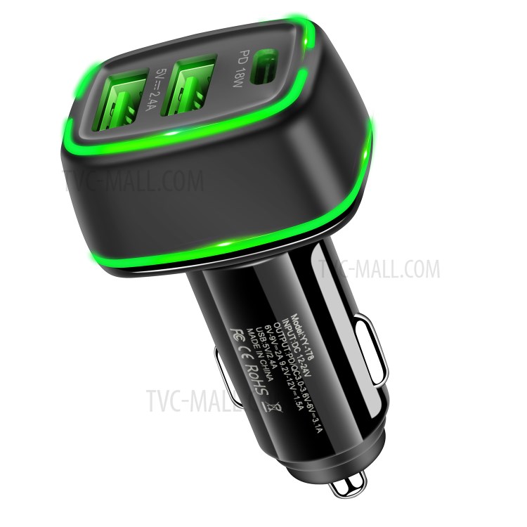 YY-178 Dual USB + PD 18W Type-C Three Port Car Charger Adapter with LED Indicator for iPhone Samsung - Black-1