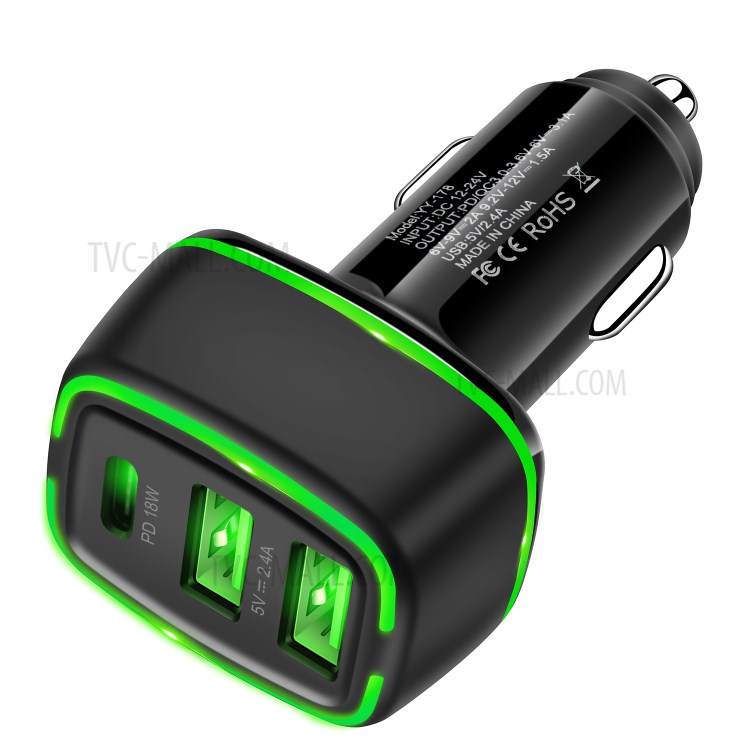 YY-178 Dual USB + PD 18W Type-C Three Port Car Charger Adapter with LED Indicator for iPhone Samsung - Black-2