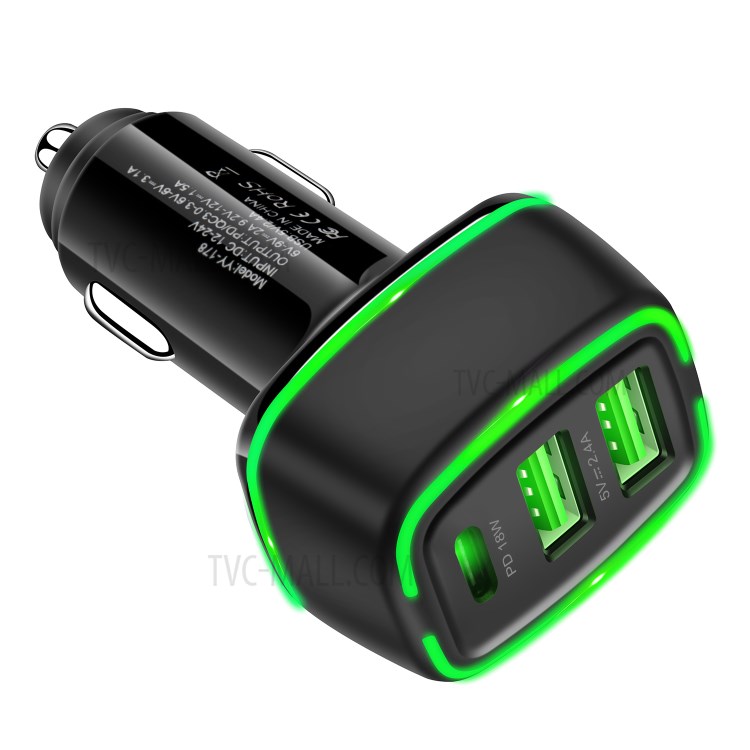 YY-178 Dual USB + PD 18W Type-C Three Port Car Charger Adapter with LED Indicator for iPhone Samsung - Black-3