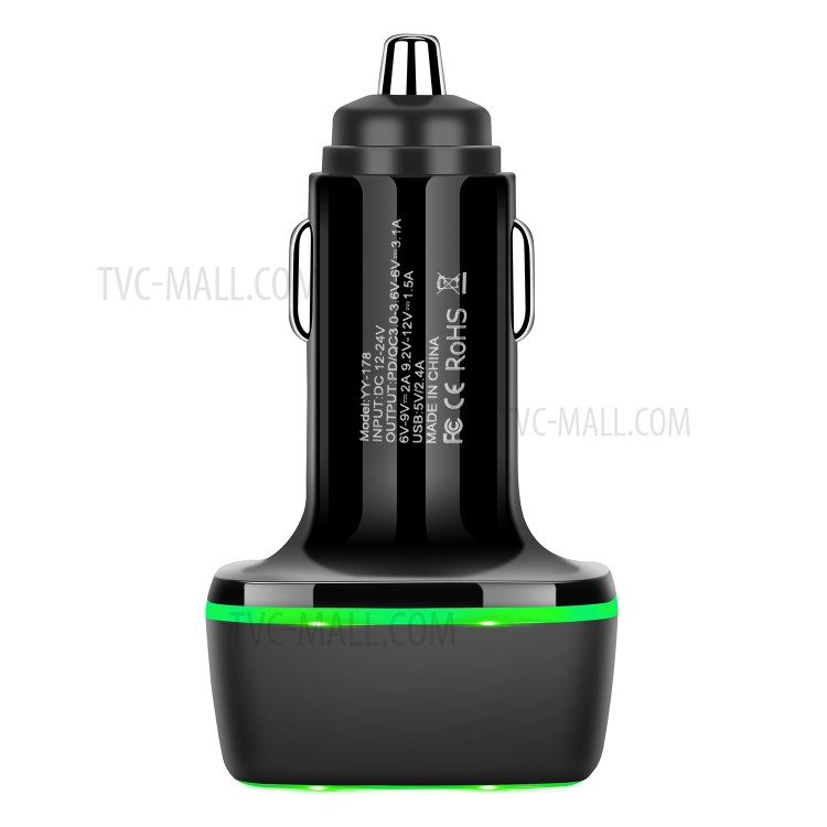 YY-178 Dual USB + PD 18W Type-C Three Port Car Charger Adapter with LED Indicator for iPhone Samsung - Black-4