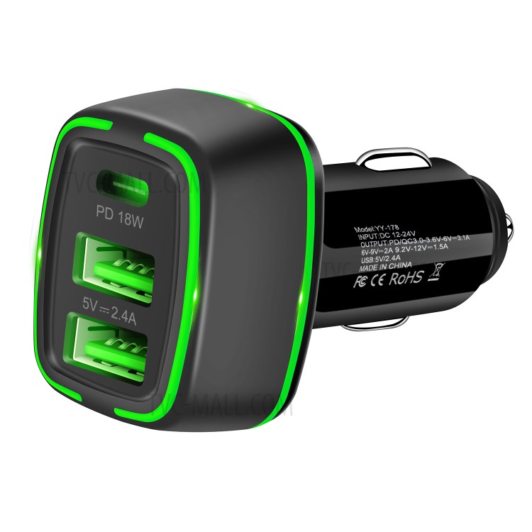 YY-178 Dual USB + PD 18W Type-C Three Port Car Charger Adapter with LED Indicator for iPhone Samsung - Black-5