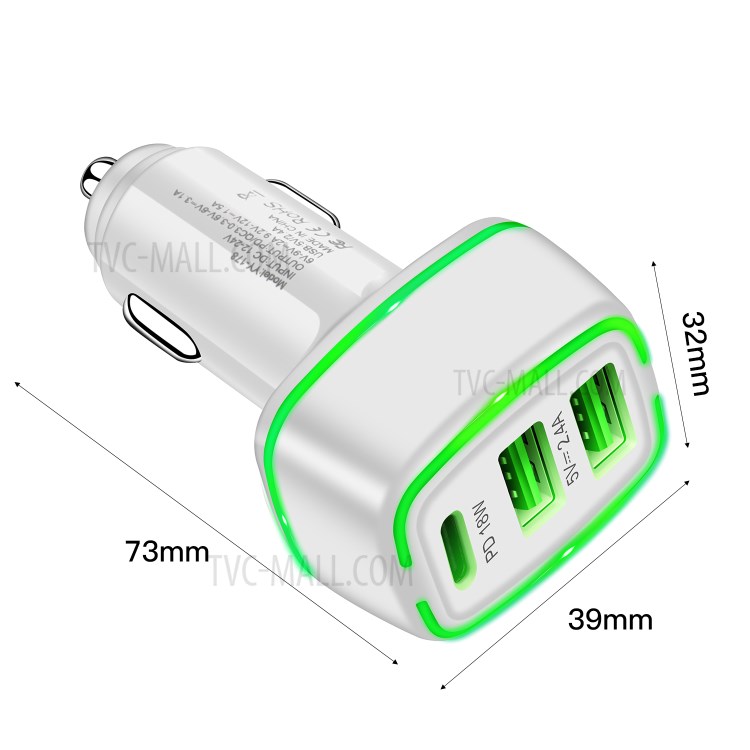 YY-178 Dual USB + PD 18W Type-C Three Port Car Charger Adapter with LED Indicator for iPhone Samsung - Black-7