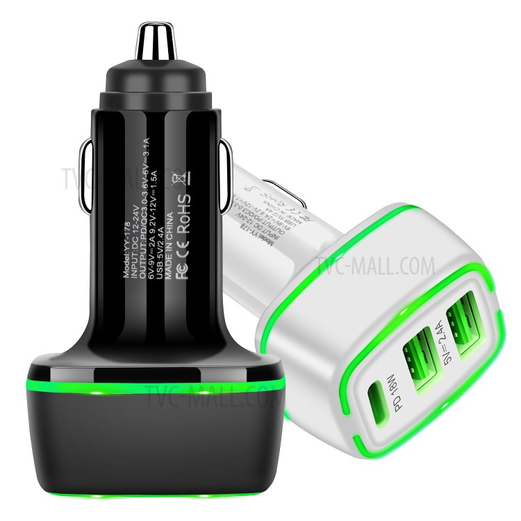 YY-178 Dual USB + PD 18W Type-C Three Port Car Charger Adapter with LED Indicator for iPhone Samsung - Black-8